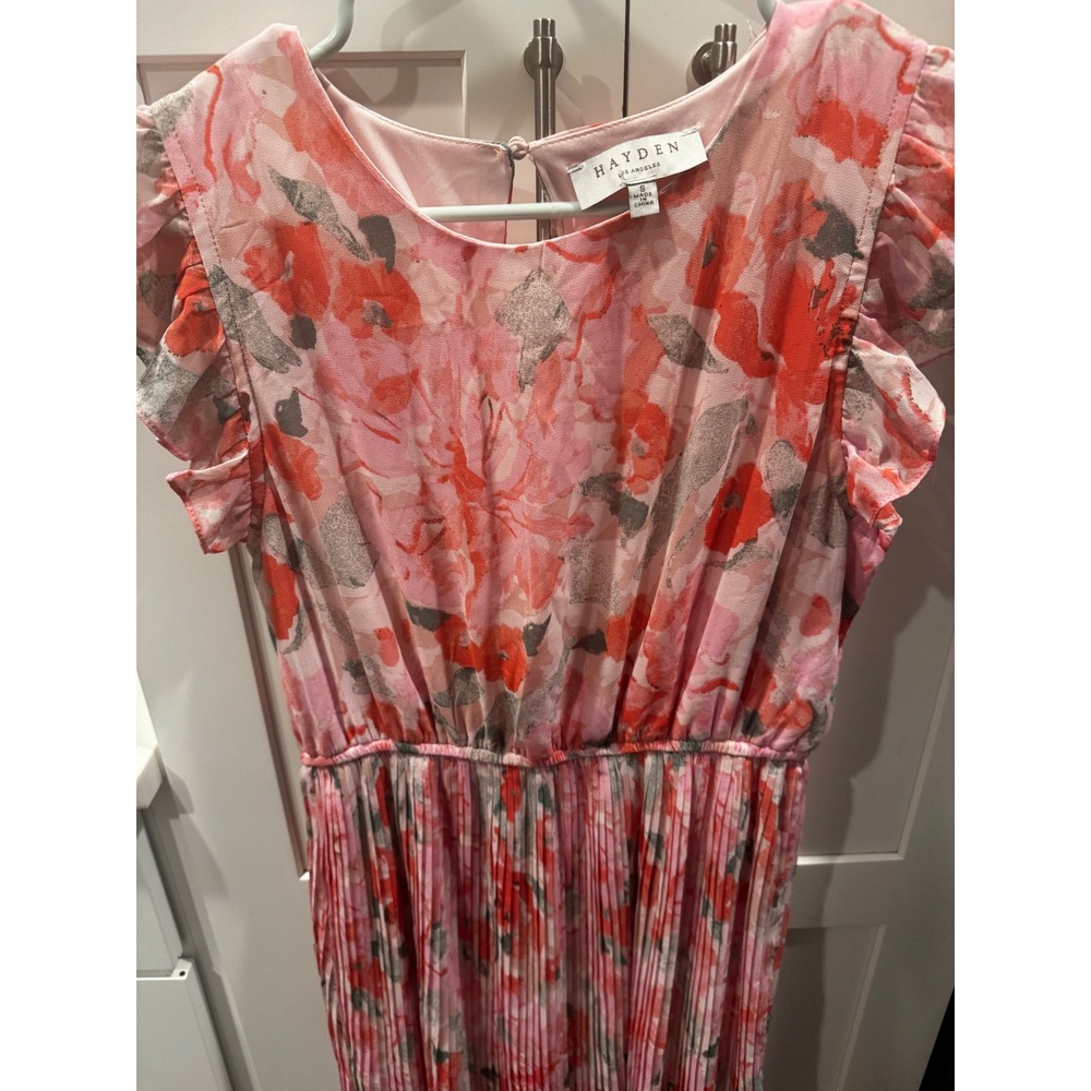HAYDEN LOS ANGELES Floral Pleated Midi Dress Flutter Sleeve Pink Coral Size S - Picture 5 of 7
